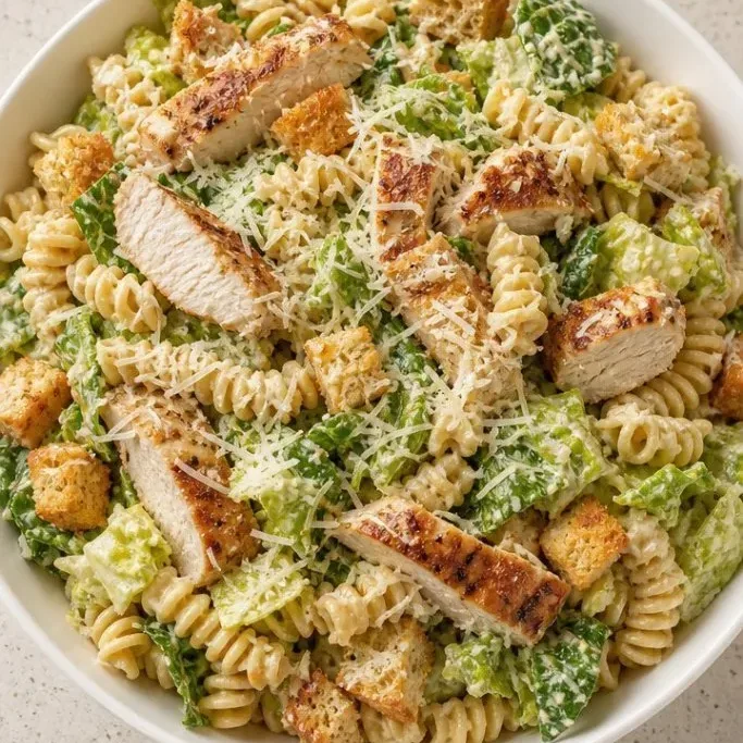 30-Minute Creamy Chicken Caesar Pasta Salad chicken caesar pasta salad_featured_2qg