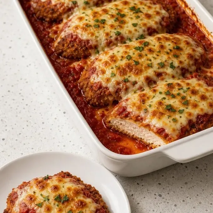 No-Fry Chicken Parmesan Casserole chicken parmesan casserole_featured_aqz