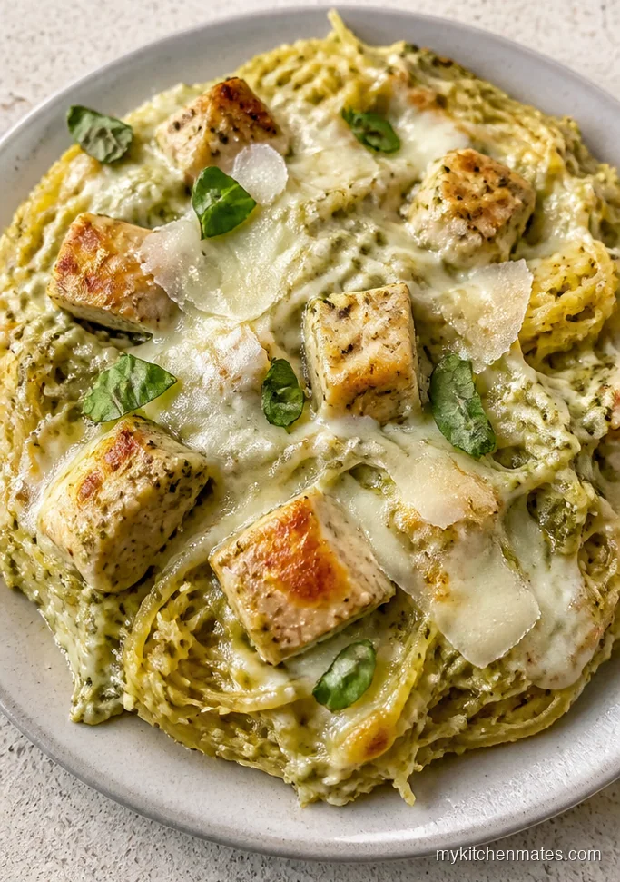 11 High Protein Spaghetti Squash Recipes That Actually Fill You Up Chicken Pesto Mozzarella Spaghetti Squash Bake