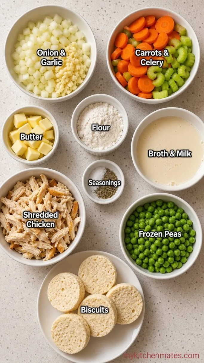 Creamy Chicken Pot Pie Casserole with Biscuits Ingredients