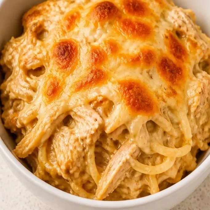 Creamy Chicken Spaghetti Casserole chicken spaghetti casserole_featured_lwf