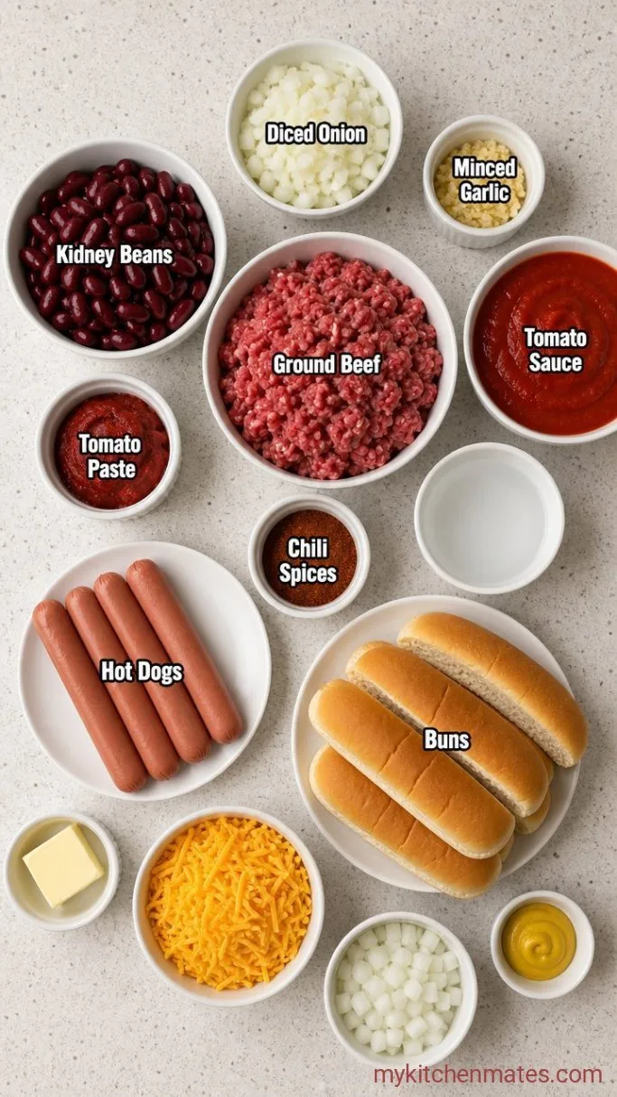 Weeknight Chili Cheese Dogs with Quick Homemade Chili Ingredients