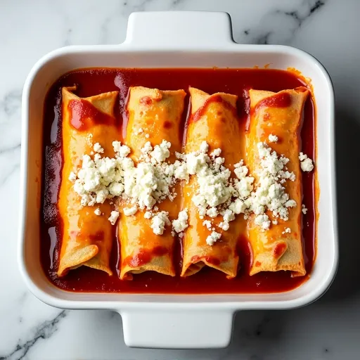 Classic Red Sauce Chicken Enchiladas with Queso Fresco