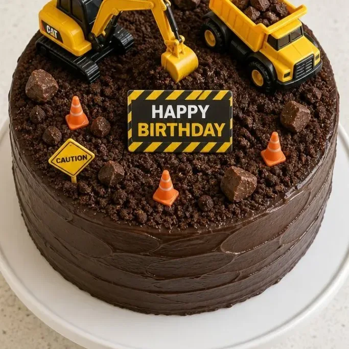 Construction Birthday Cake with Buttercream and Cookie Dirt Construction Birthday Cake