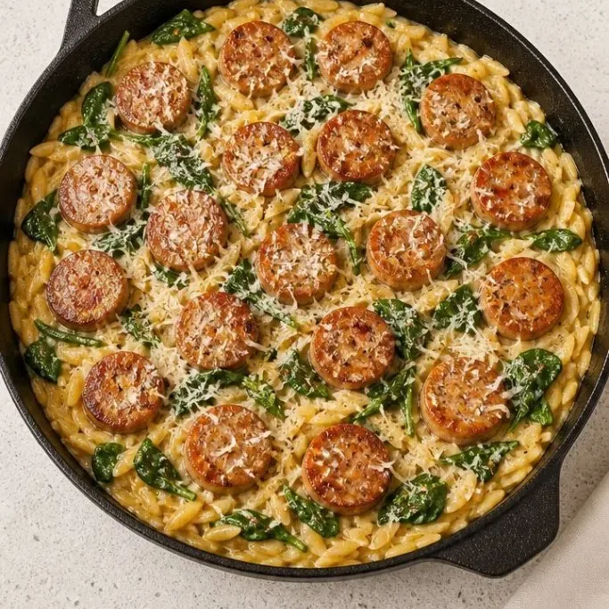 Creamy Chicken Sausage Orzo Skillet