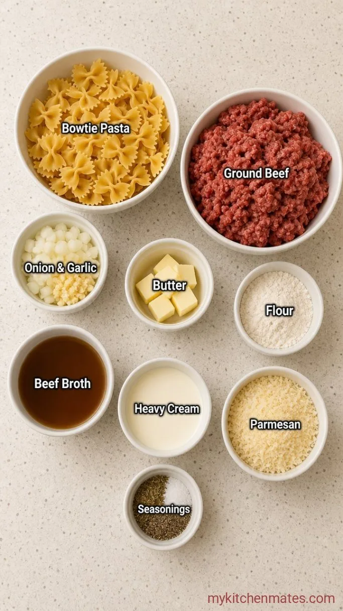 30-Minute Creamy Parmesan Garlic Beef Bowtie Pasta Ingredients