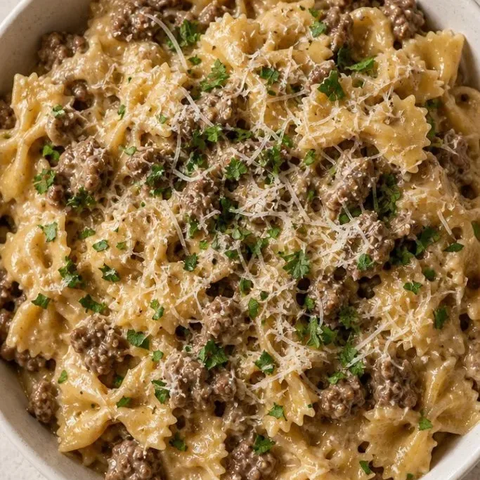 30-Minute Creamy Parmesan Garlic Beef Bowtie Pasta Creamy Parmesan Garlic Beef Bowtie Pasta