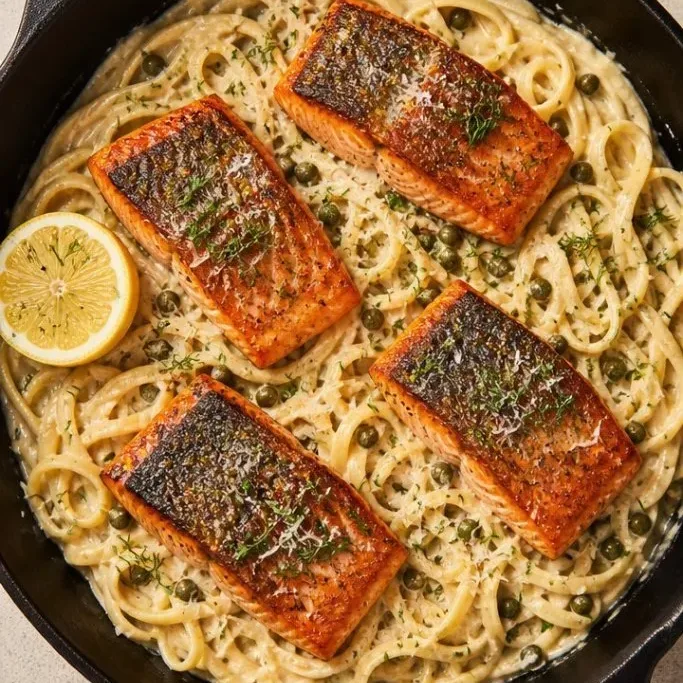 Creamy Salmon Pasta with Lemon and Capers creamy salmon pasta_featured_vll