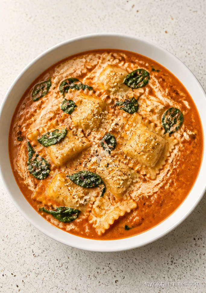 Creamy Tomato Spinach Ravioli Soup