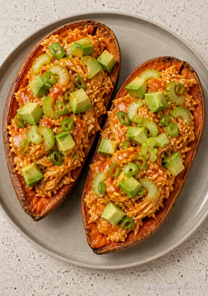 Crockpot Buffalo Chicken Stuffed Sweet Potatoes
