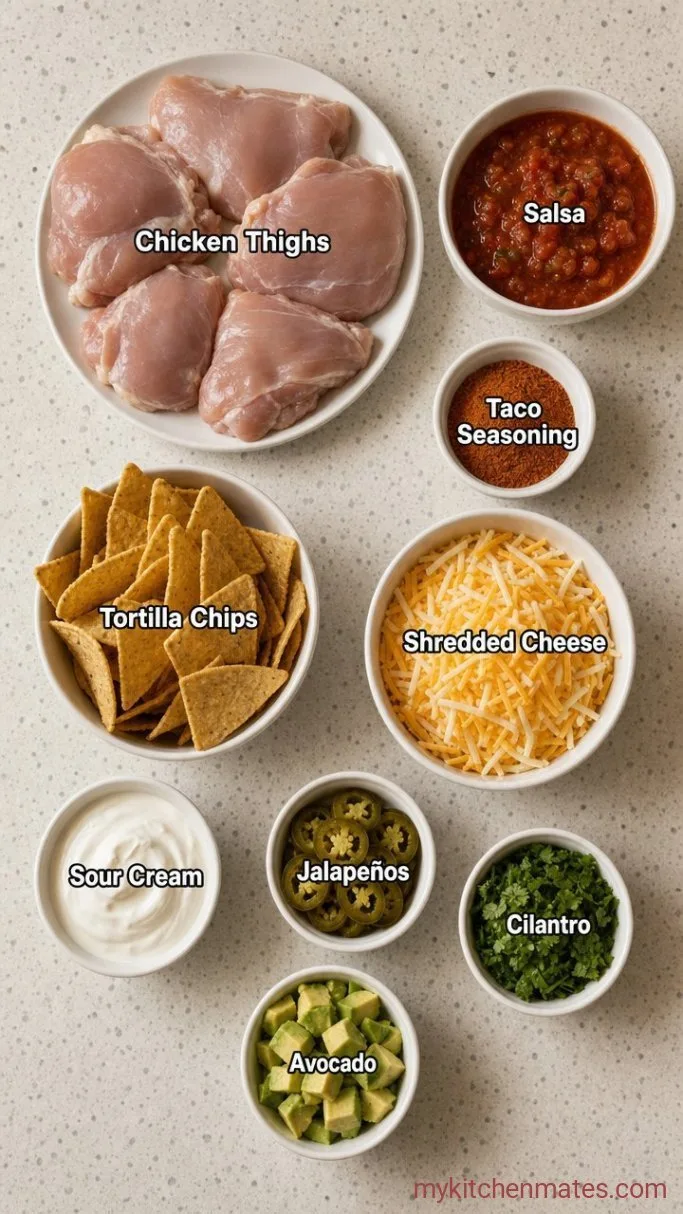 Crockpot Chicken Nachos (Salsa Chicken, Melty Cheese) Ingredients