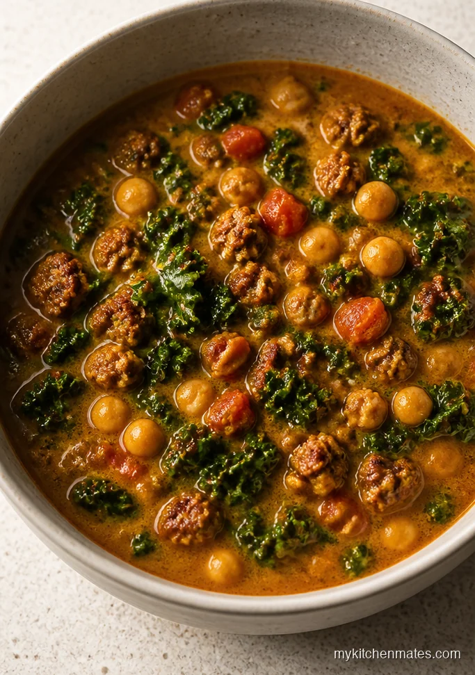 Curried Turkey Sausage and Chickpea Kale Soup