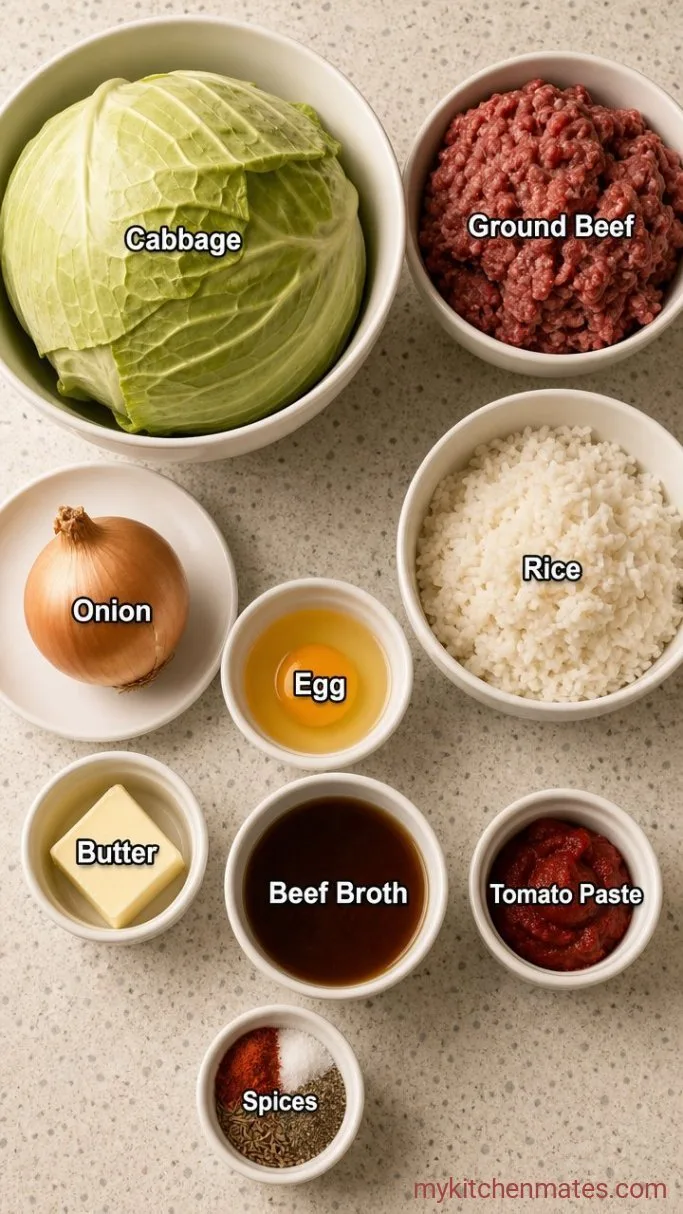 German Cabbage Rolls with Savory Beef and Rice in Tomato Sauce Ingredients