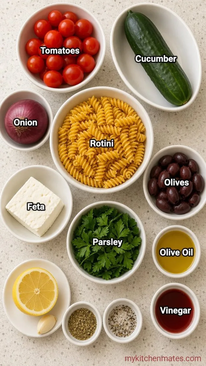 Greek Pasta Salad with Feta and Lemon Dressing Ingredients