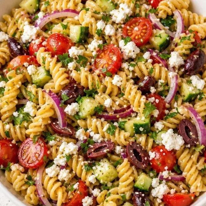Greek Pasta Salad with Feta and Lemon Dressing Greek Pasta Salad