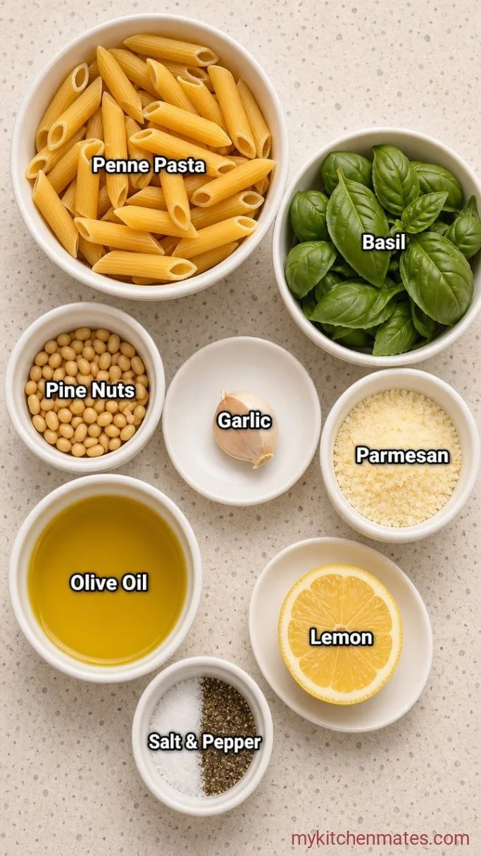 20-Minute Green Pesto Pasta with Bright, Fresh Basil Ingredients