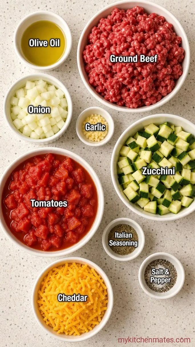 Easy One-Pan Cheesy Ground Beef and Zucchini Skillet Ingredients