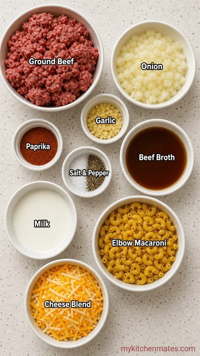 30-Minute One-Pot Ground Beef Mac and Cheese Ingredients