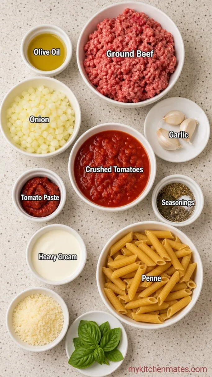 Quick 30-Minute Ground Beef Penne Pasta Ingredients