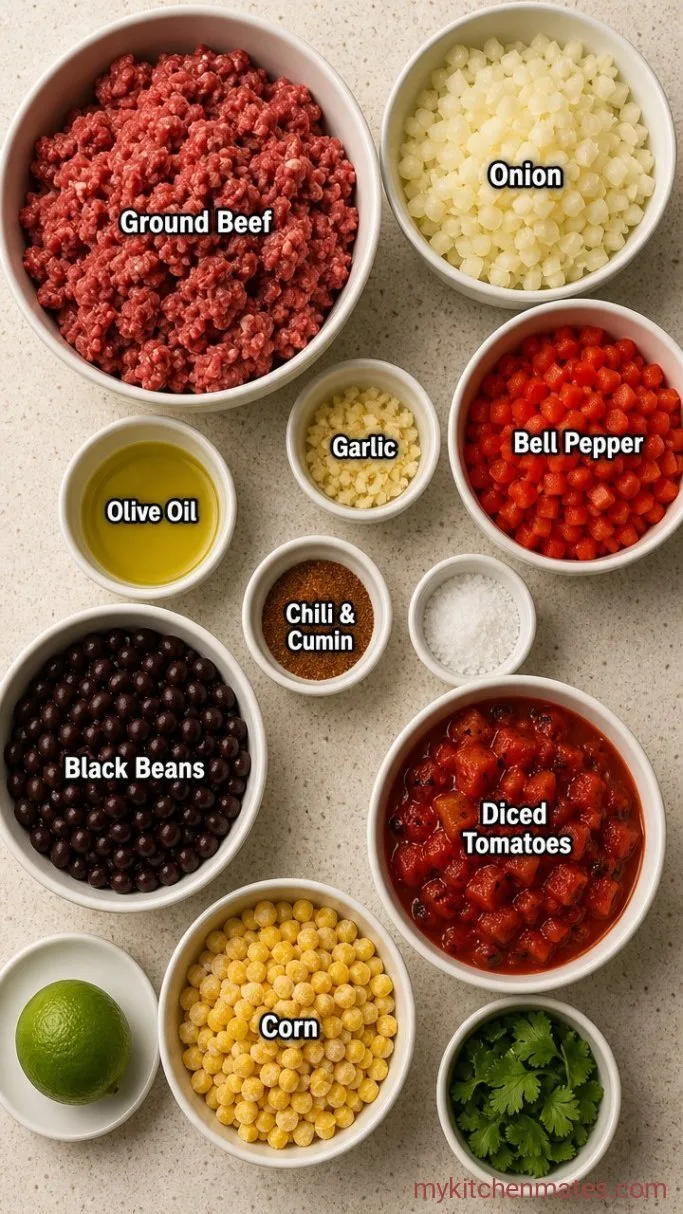 30-Minute Ground Beef Skillet with Black Beans and Corn Ingredients