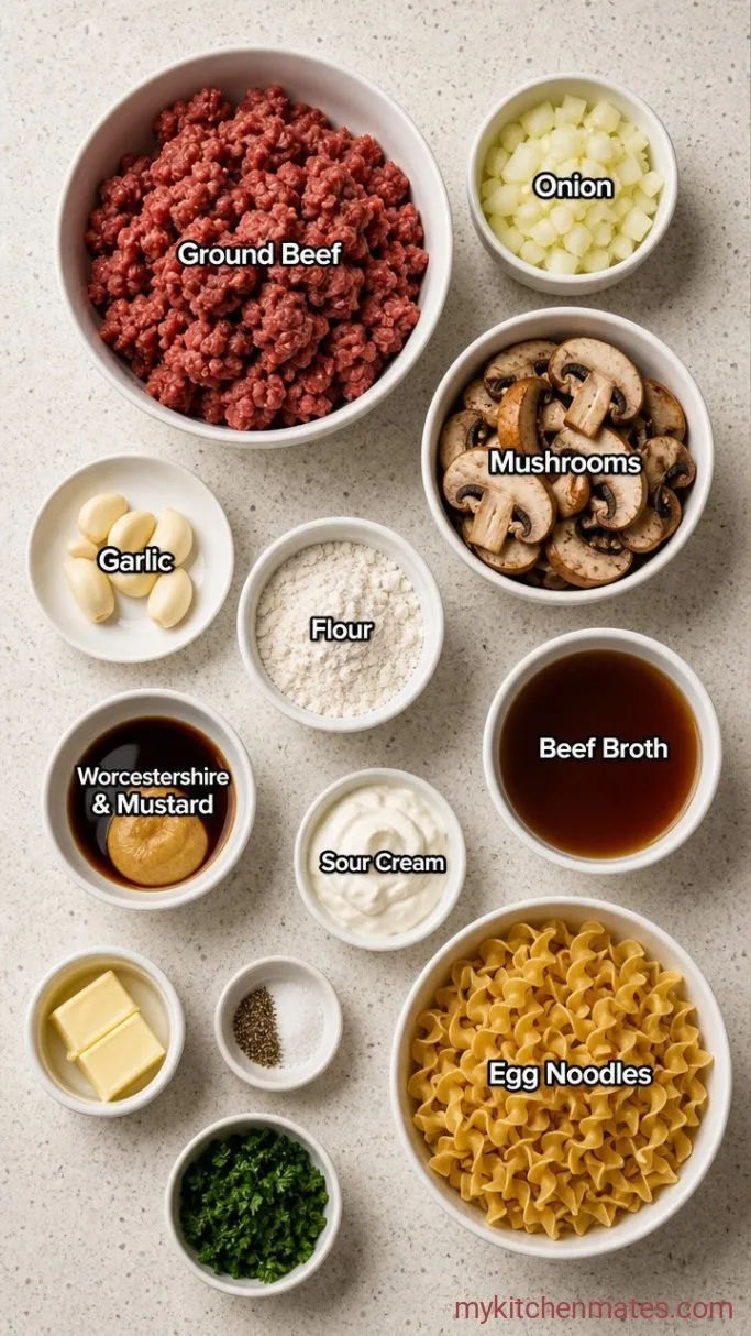 Creamy One-Pan Ground Beef Stroganoff Ingredients