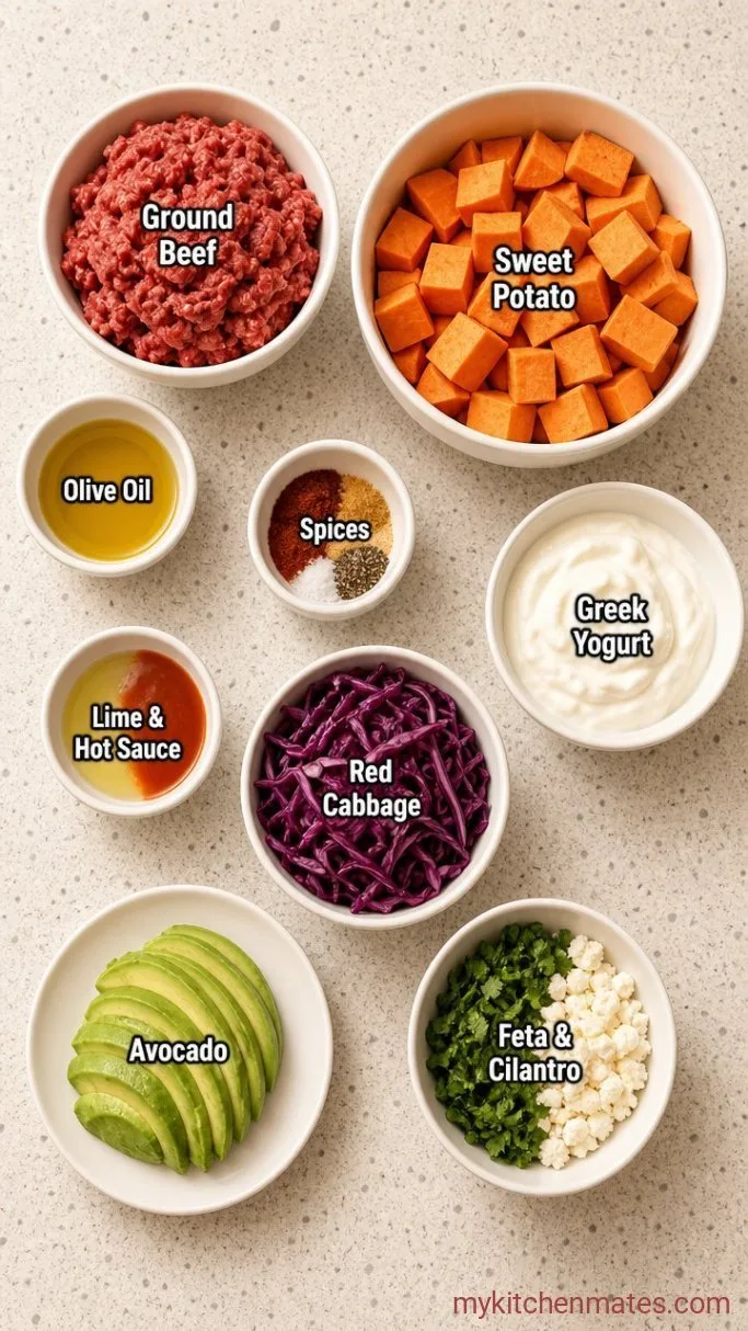 40-Minute Ground Beef Sweet Potato Bowls Ingredients