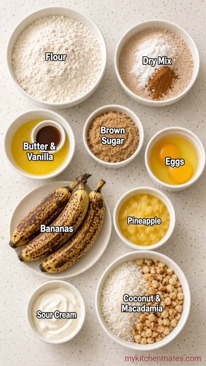 Moist Hawaiian Banana Bread with Pineapple and Coconut Ingredients
