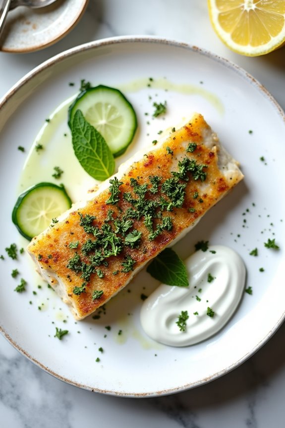 herb crusted halibut with sauce