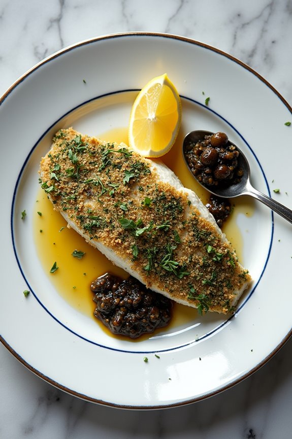 herb crusted sea bass dish
