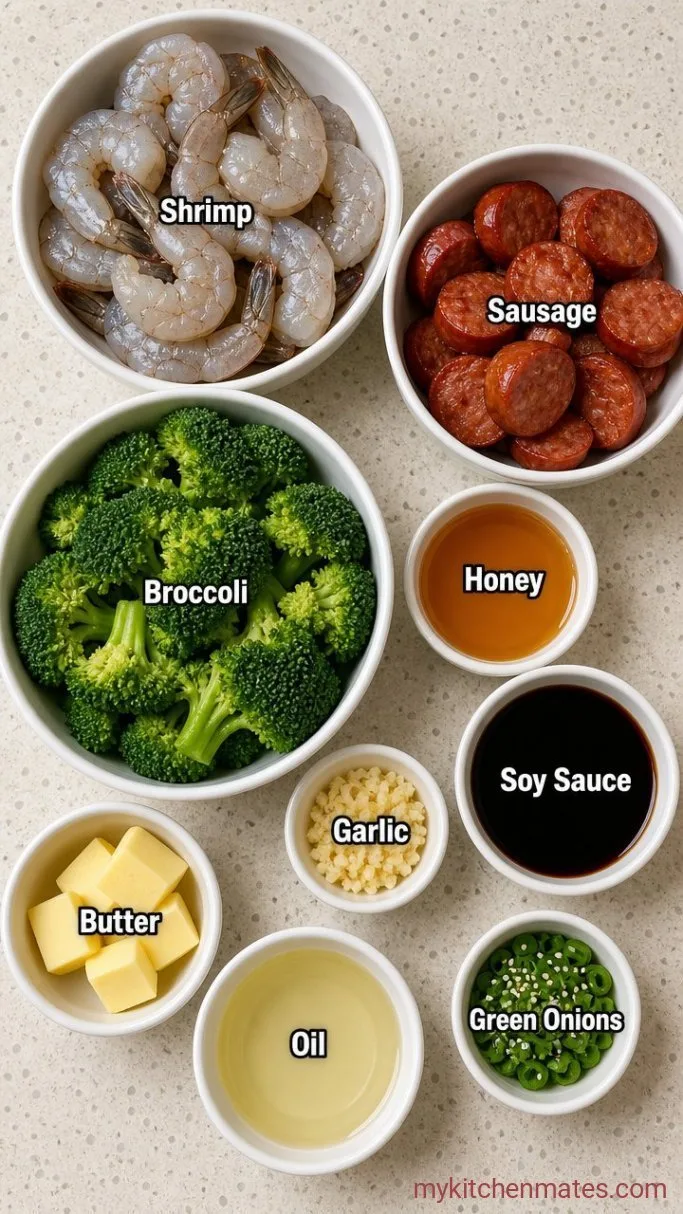 One-Pan Honey Garlic Shrimp, Sausage, and Broccoli Ingredients