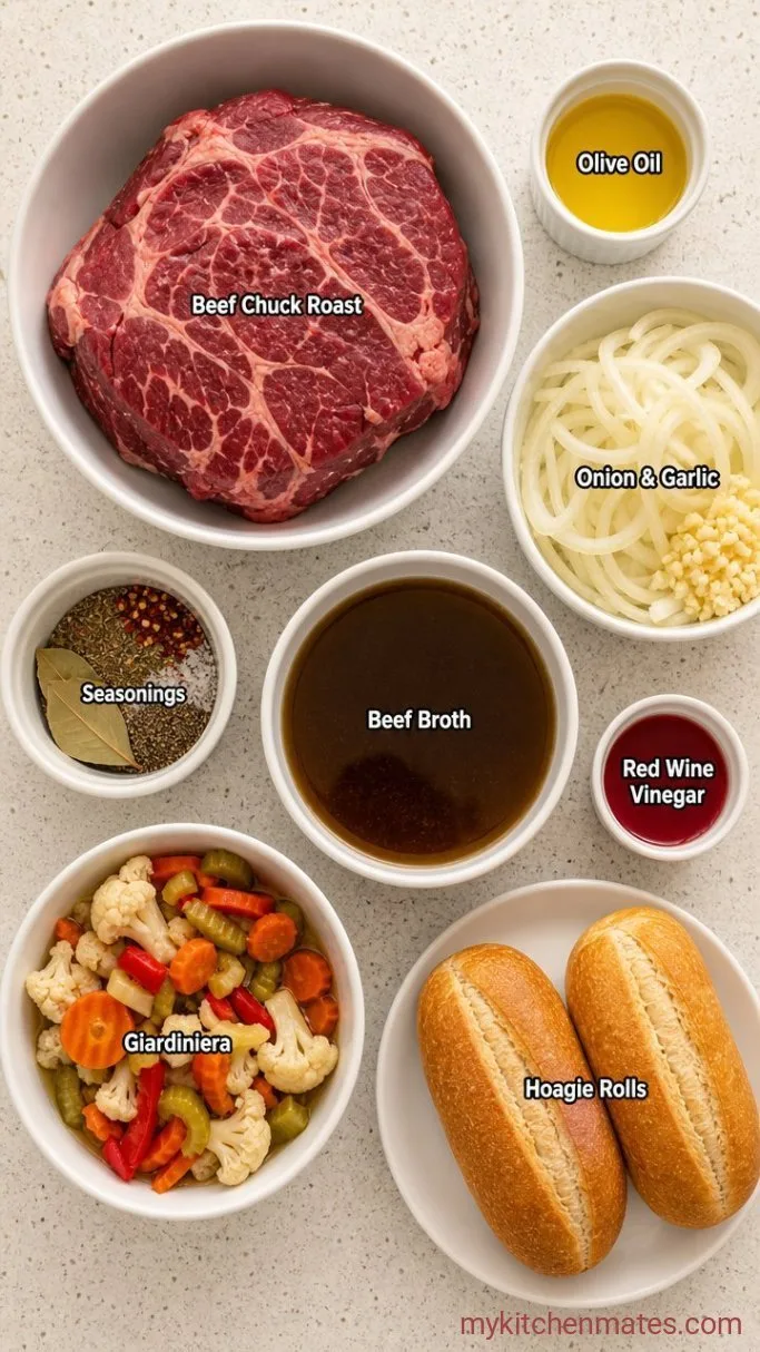 Slow-Cooked Italian Beef Sandwiches with Tangy Giardiniera Ingredients