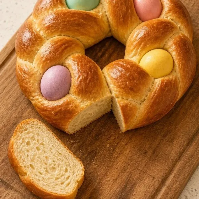 Soft Braided Italian Easter Bread with Dyed Eggs Italian Easter Bread