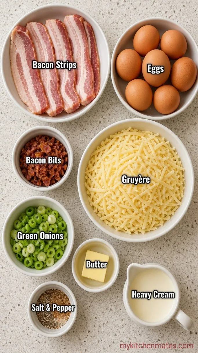Fluffy Crustless Keto Quiche with Bacon & Cheese Ingredients