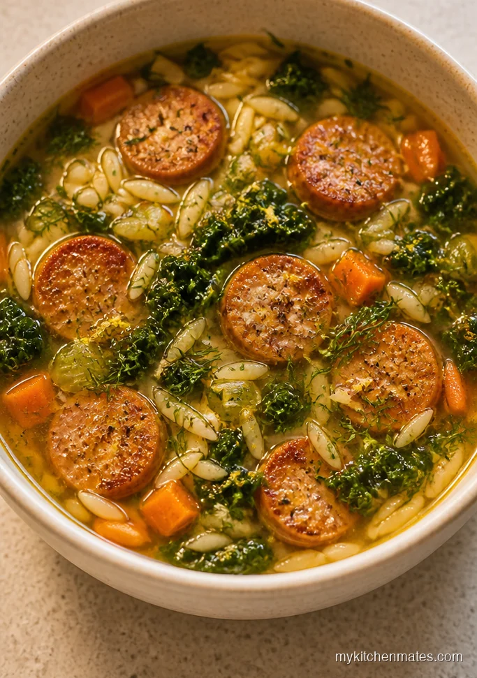 Lemon Chicken Sausage and Orzo Kale Soup