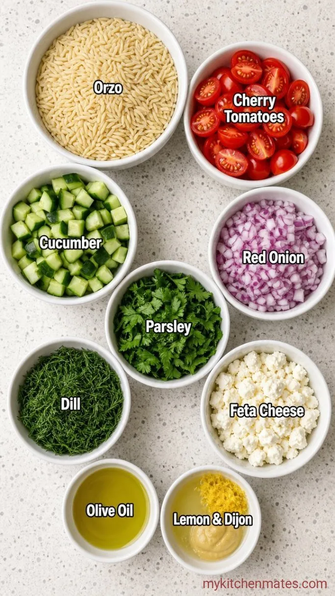 Quick 20-Minute Lemon Orzo Pasta Salad Ingredients