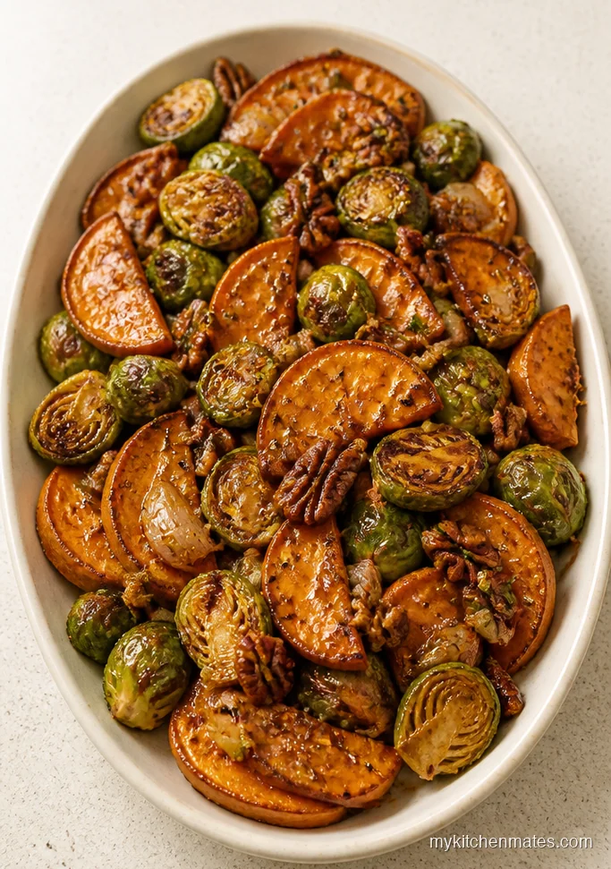 Maple Dijon Sweet Potato and Brussels Skillet