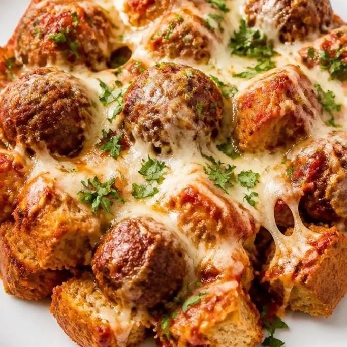 Hearty Meatball Sub Casserole with Garlic Bread Topping Meatball Sub Casserole