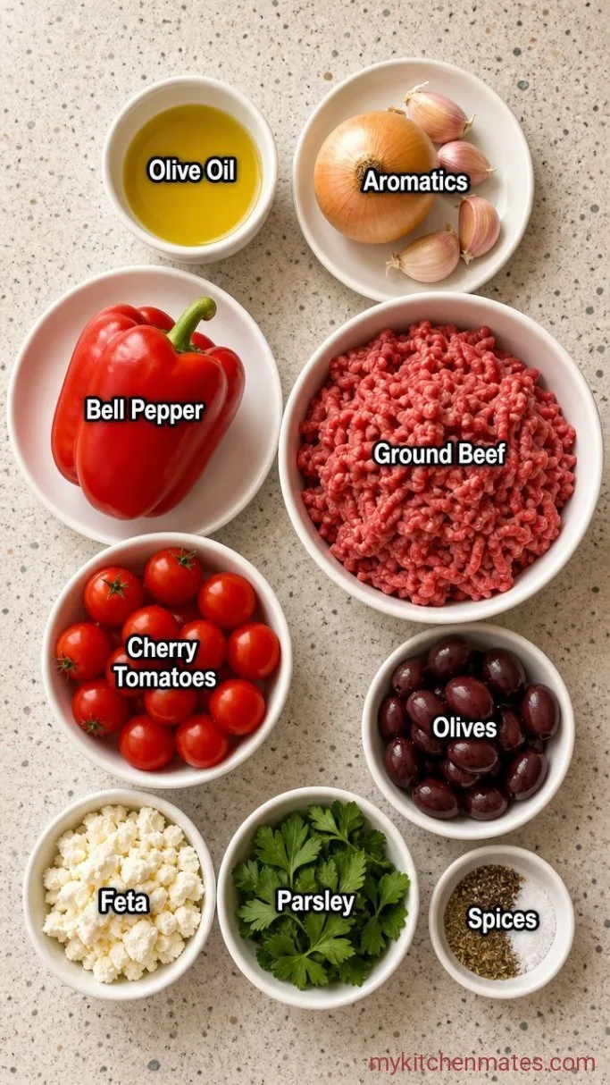 One-Pan Mediterranean Ground Beef Stir Fry Ingredients