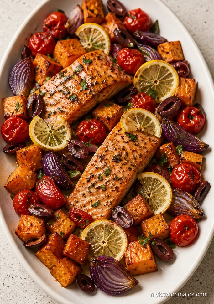 Mediterranean Salmon Sweet Potato Traybake
