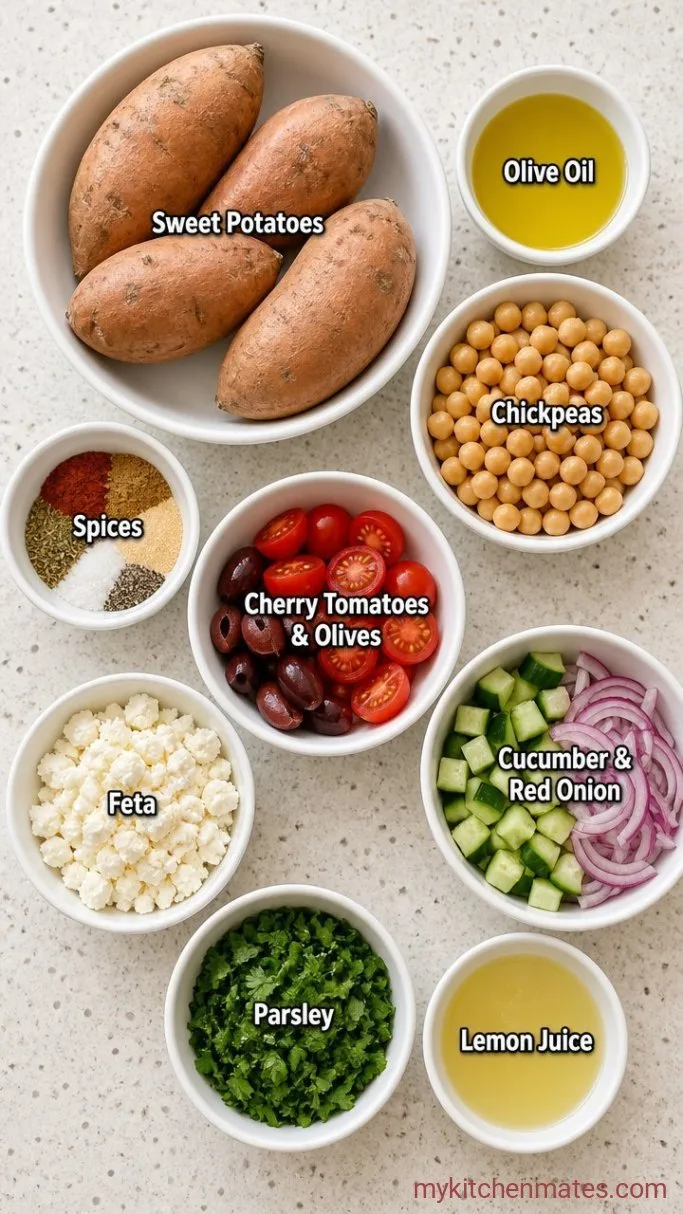 Mediterranean Sweet Potatoes with Chickpeas and Feta Ingredients