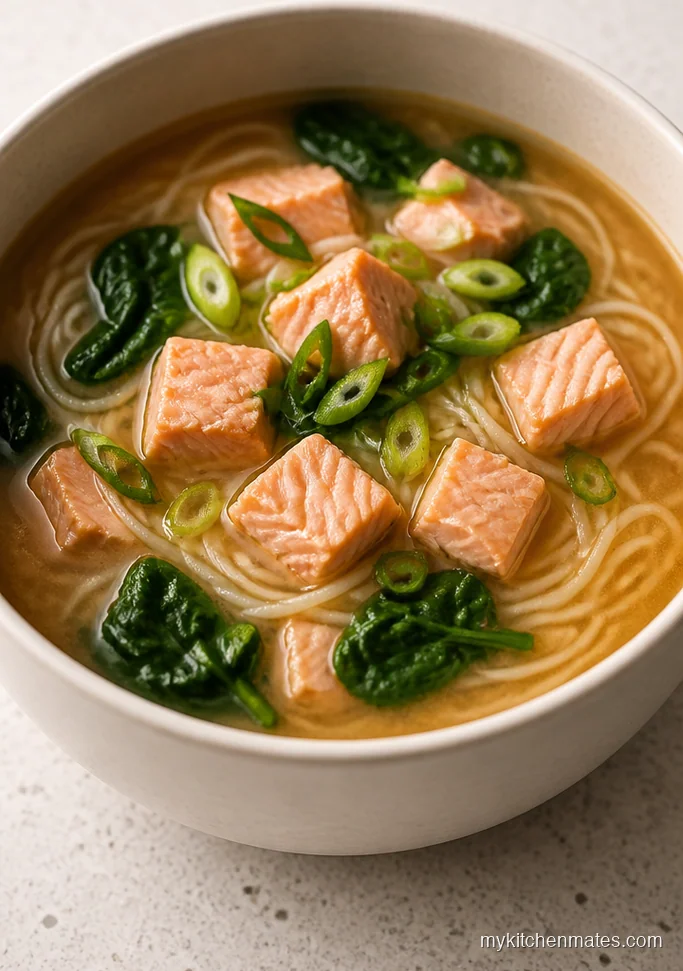 Miso Ginger Salmon Rice Noodle Soup