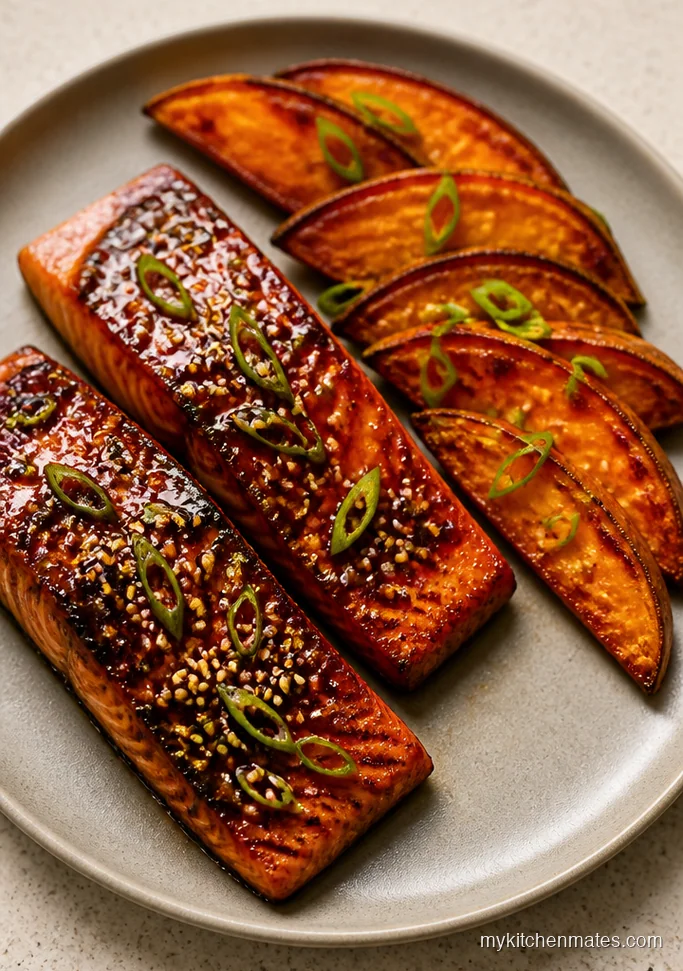 Miso Glazed Salmon with Sweet Potato Wedges
