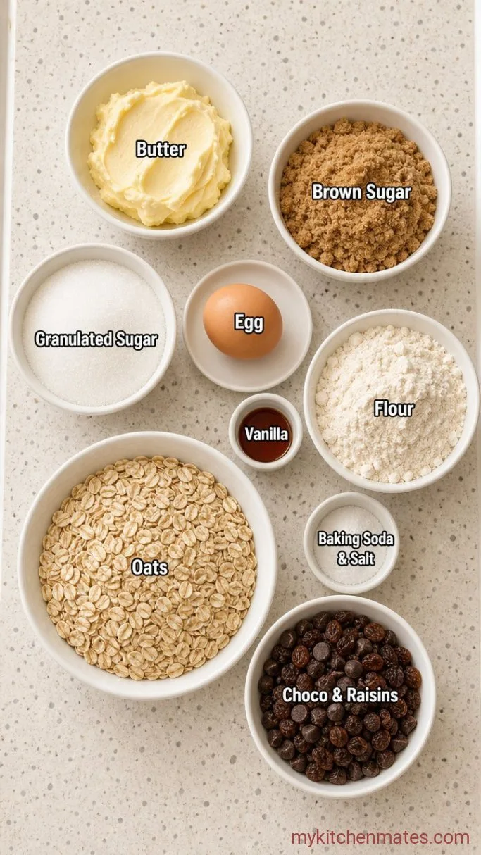 Soft and Chewy Oatmeal Raisin Chocolate Chip Cookies Ingredients