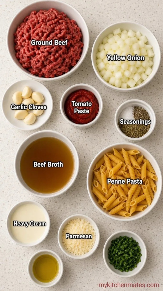 Quick One-Pot Creamy Beef and Garlic Pasta Ingredients