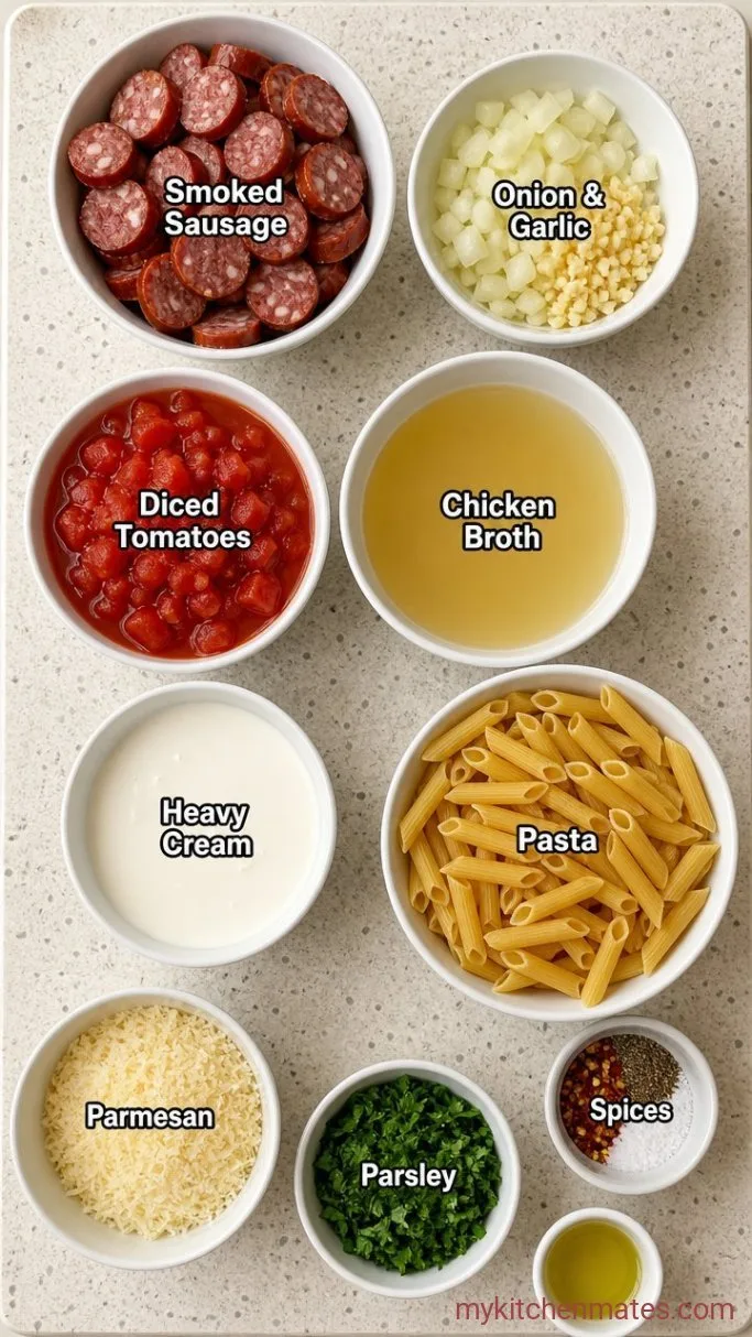 20-Minute One Pot Smoked Sausage Pasta Ingredients