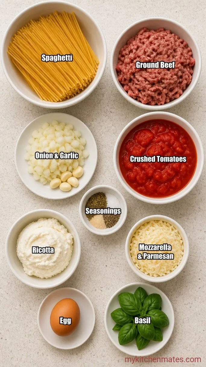 Golden, Bubbly Oven Baked Spaghetti Ingredients