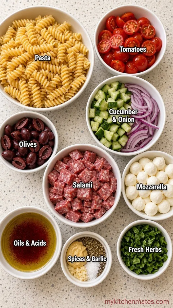 Simple Pasta Salad For A Crowd (Make-Ahead & No Mayo) Ingredients