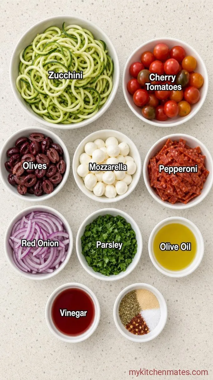 Zesty Pastaless Pasta Salad with Zucchini Noodles Ingredients