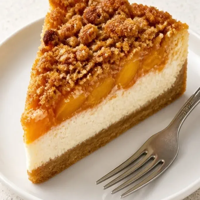 Peach Cobbler Cheesecake with Buttery Cinnamon Streusel peach cobbler cheesecake