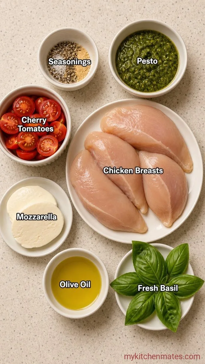 One-Dish Pesto Chicken Bake with Mozzarella and Tomatoes Ingredients